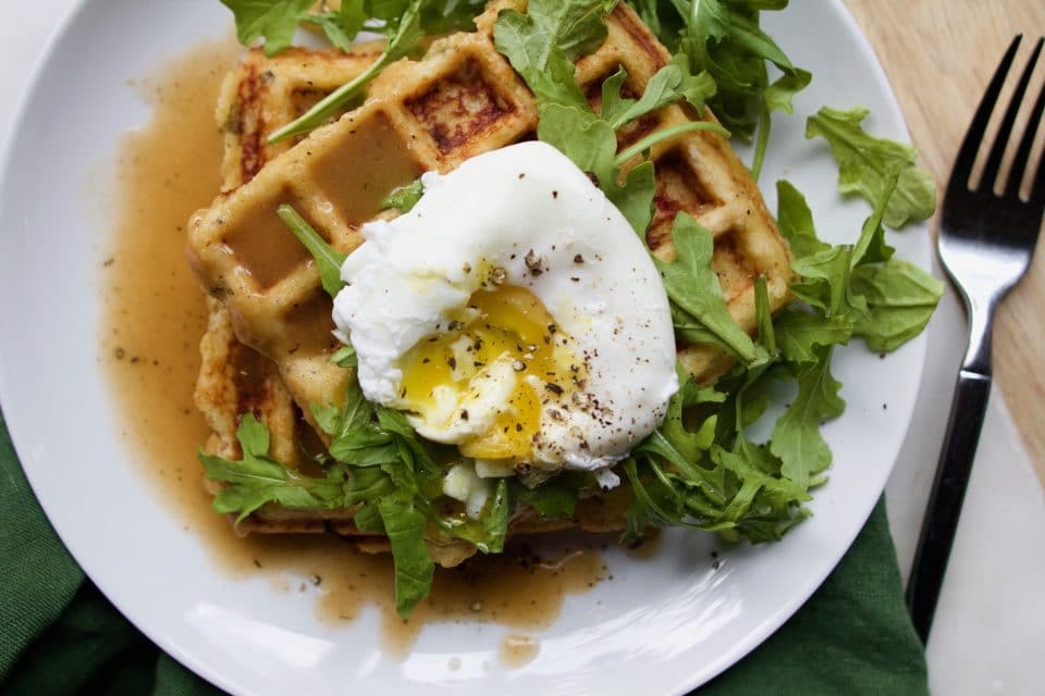 waffle with a poached egg on top