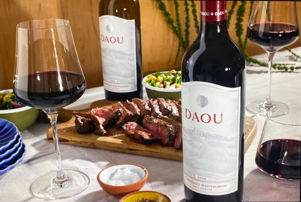 Daou Vineyards wine with steak slices on a table