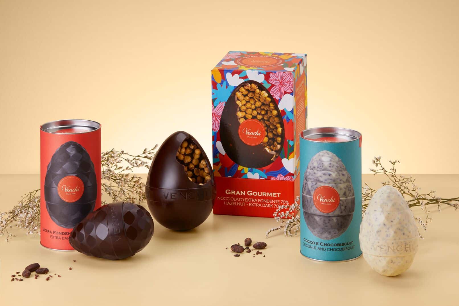 Chocolate egg and packaging on an off white background