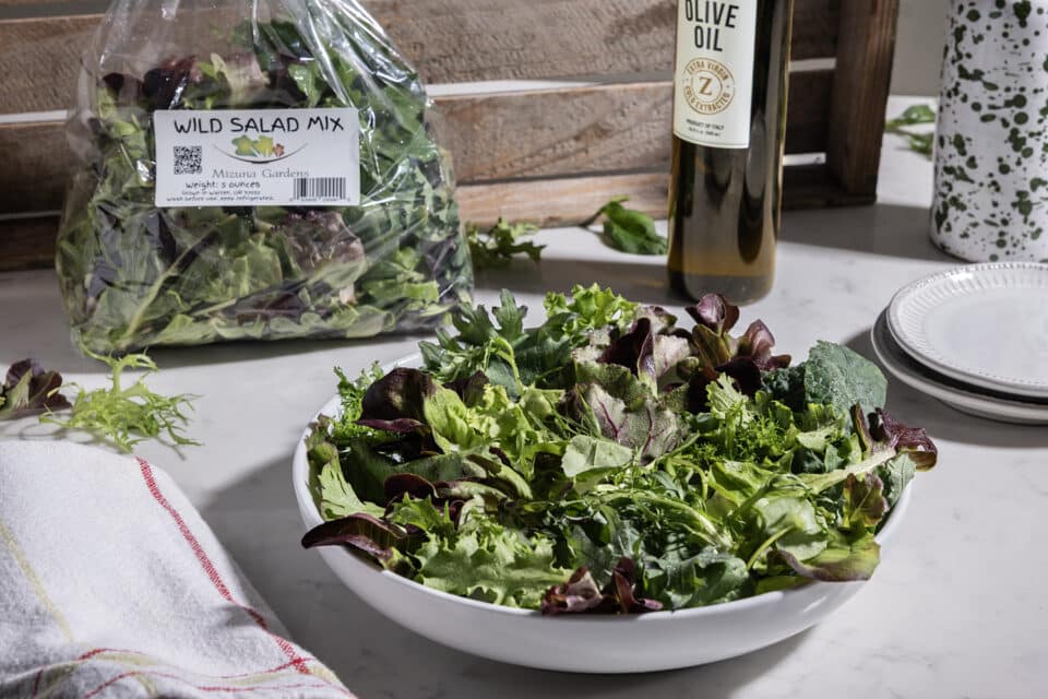 Wild salad mix in a bag and in a bowl