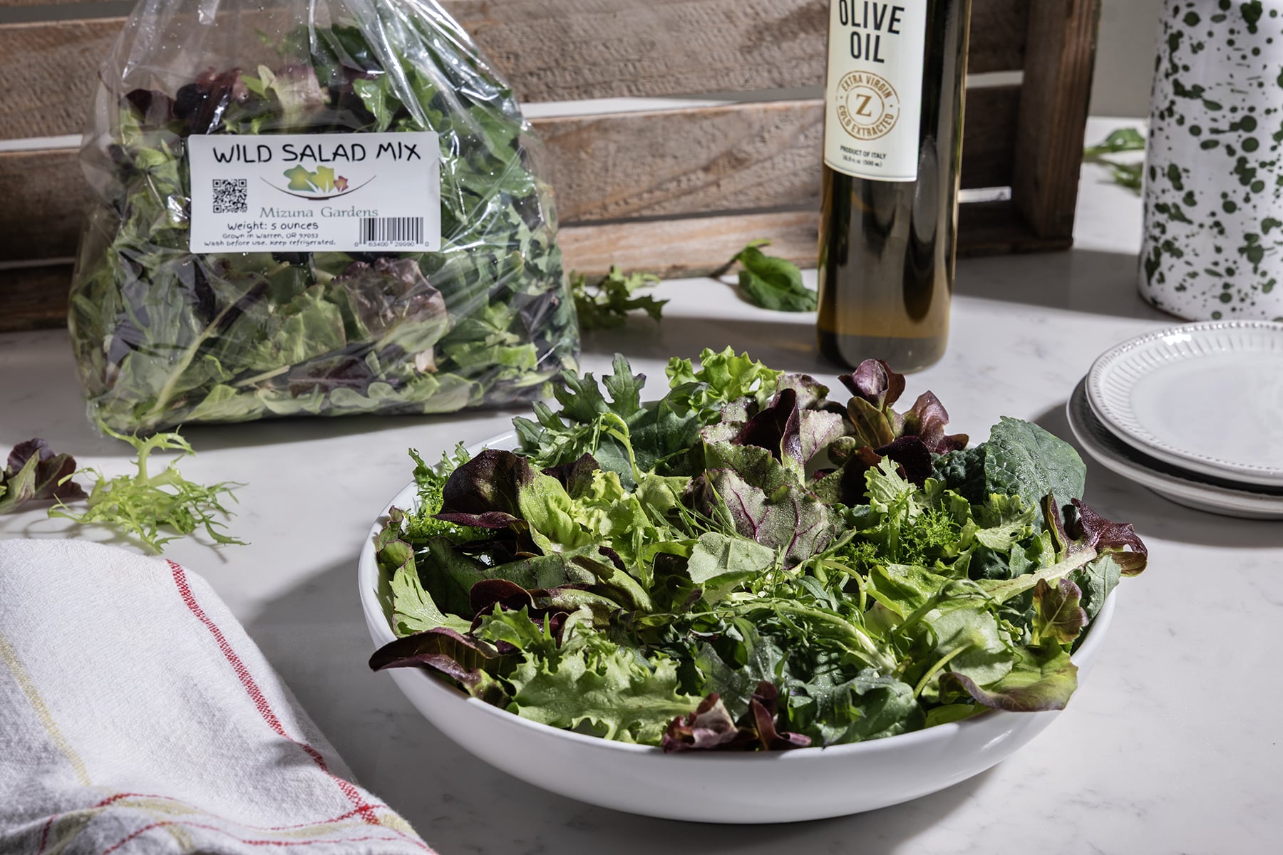 Wild salad mix in a bag and in a bowl